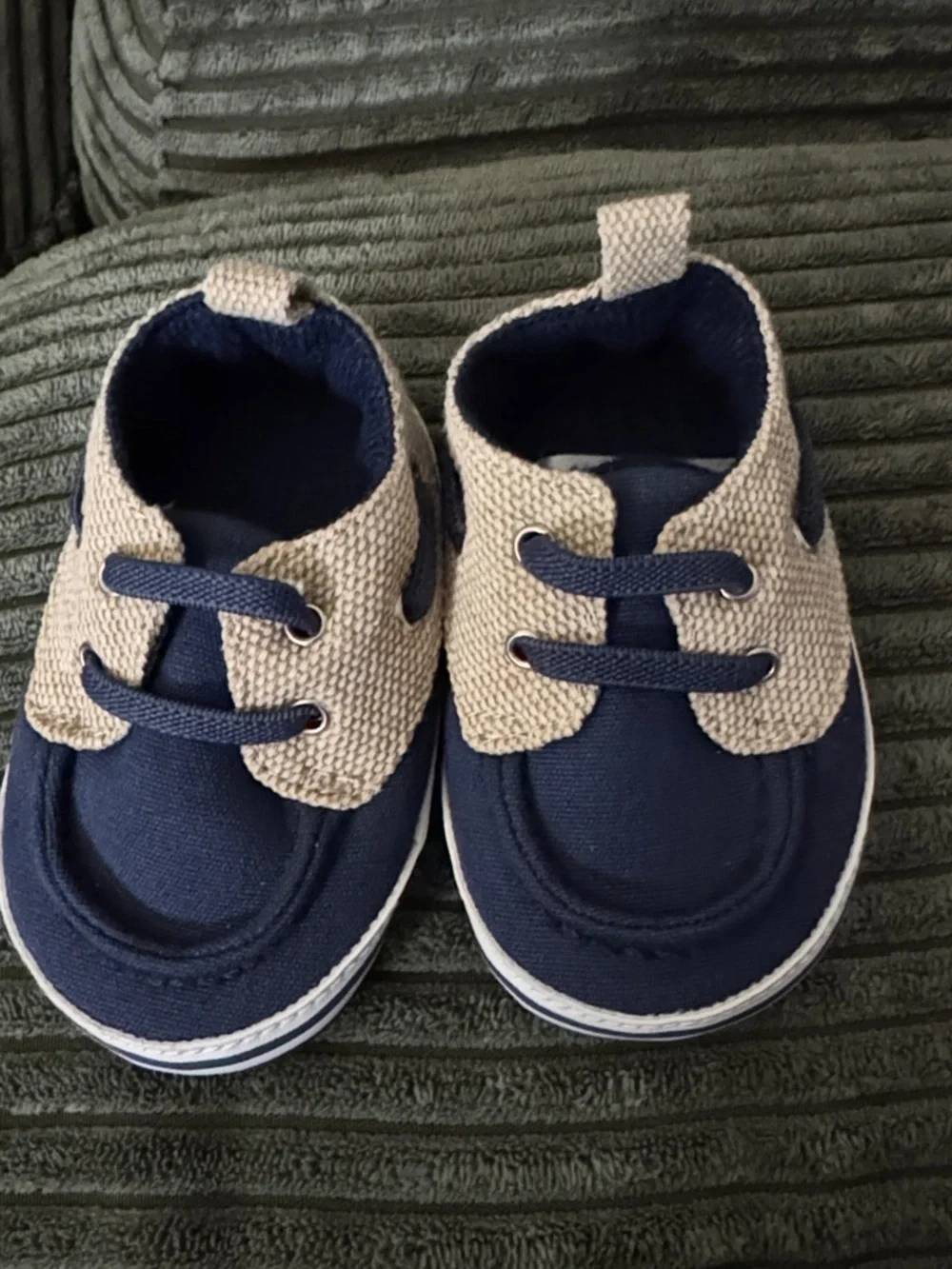 Baby Walker Shoes - Navy and Tan Canvas Lace-Up Booties